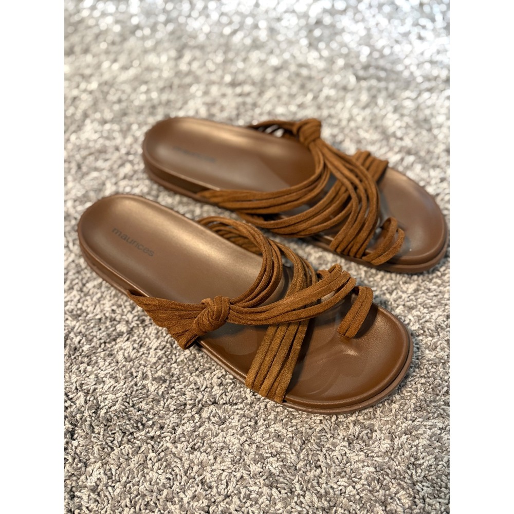 Maurices New Womens Cognac Brown Strappy Toe Loop Knot Slide Sandals Boho Size 9
